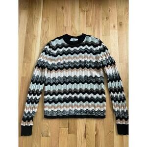 &Isla Pointelle Zig Zag Pattern Black Gray Tan Cashmere Knit Sweater (size M)
